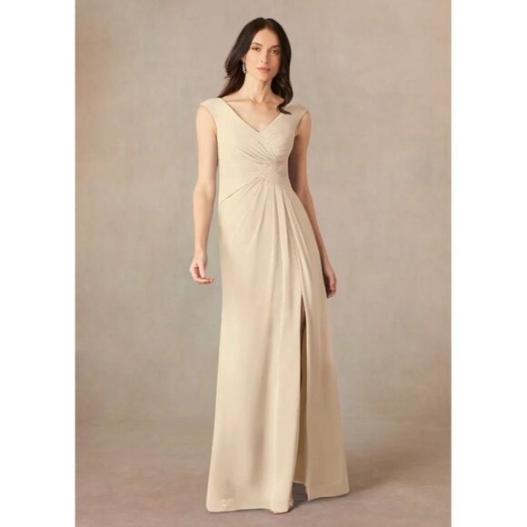 Azazie Sally Champagne A-Line V-Neck Pleated Chiffon Formal Dress Size A4 Beige - Picture 1 of 16